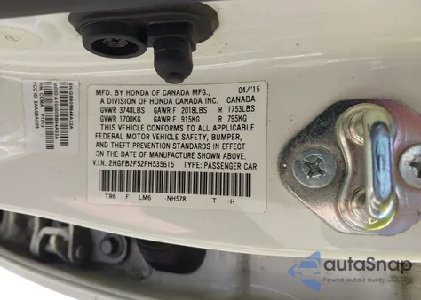 2015 Honda Civic Lx z USA, uszkodzony, nr VIN 2HGFB2F52FH535615